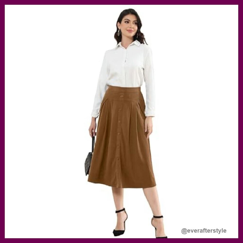 Vintage Corduroy Skirt High Waist Pleated A-Line Midi with Pockets Fall Winter - Picture 3 of 8